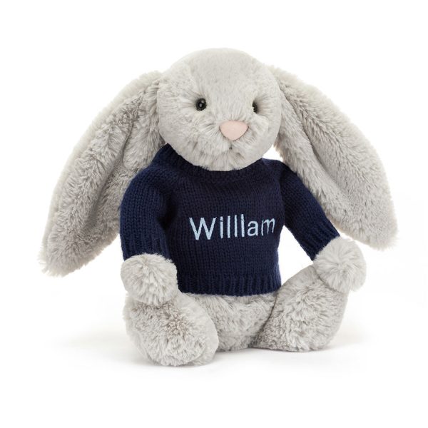Bashful Silver Bunny with Personalized Navy Jumper