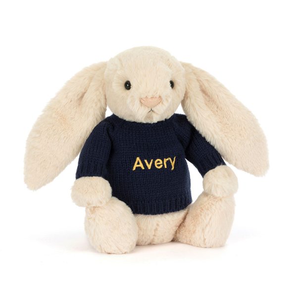 Bashful Luxe Bunny Willow with Personalized Navy Jumper