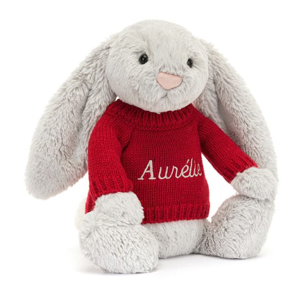 Bashful Silver Bunny with Personalized Red Jumper