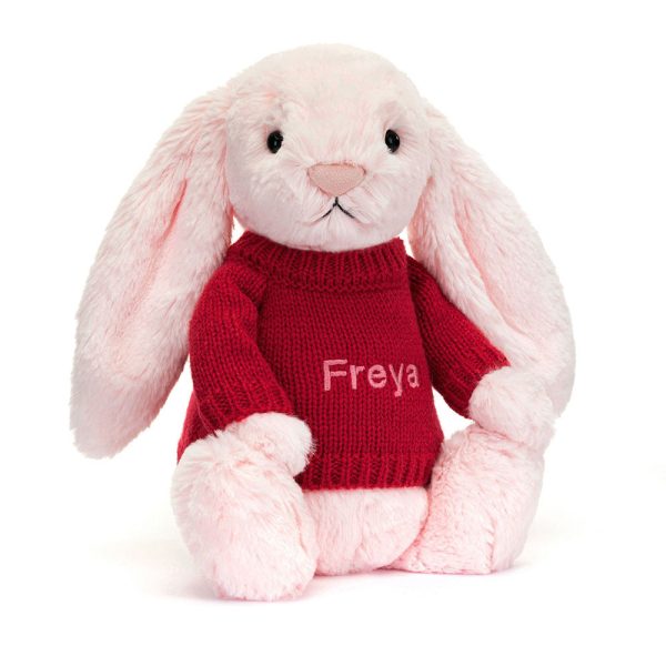 Bashful Pink Bunny with Personalized Red Jumper
